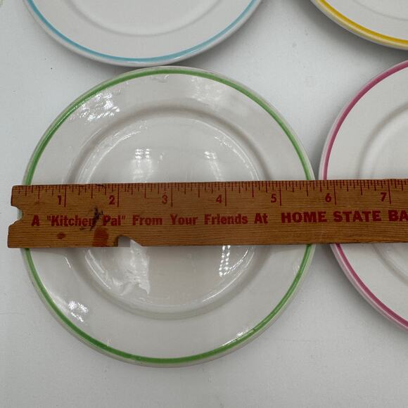 Duktig Ceramic Tea Plates Petit Fours Plates Set/4 Pink Yellow Blue Green Rims - Picture 7 of 8